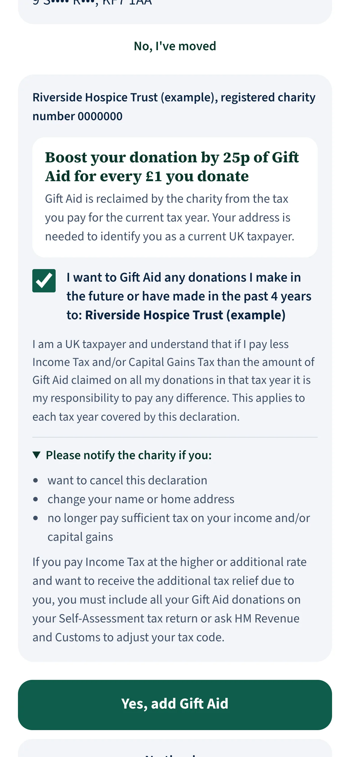 The Gift Aid declaration on a supporter’s phone, in HMRC’s model wording, ticked by the supporter themselves (real screen, example charity)